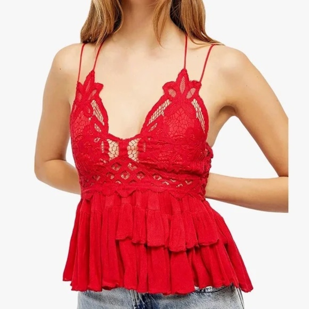Free People Women’s Adalla Lace Strappy Cami in Cherry Red